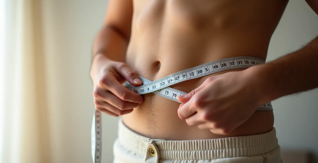 Mains mesurant le tour de taille avec un mètre ruban sur fond épuré