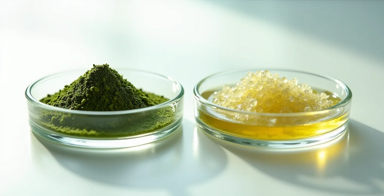 Comparaison visuelle entre poudre de plante brute et extrait concentré standardisé