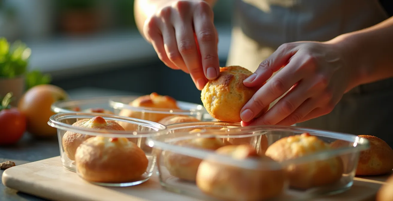 Mains préparant des portions de pâtisseries saines dans des contenants en verre