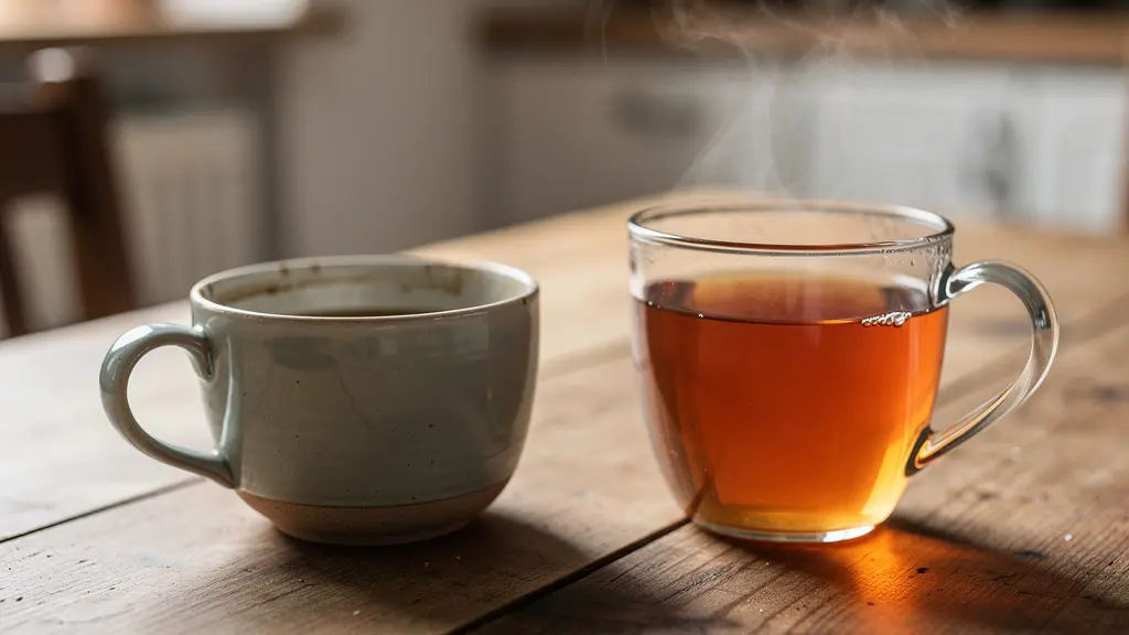 Tasse de café à moitié vide à côté d'une tisane sur table de petit-déjeuner